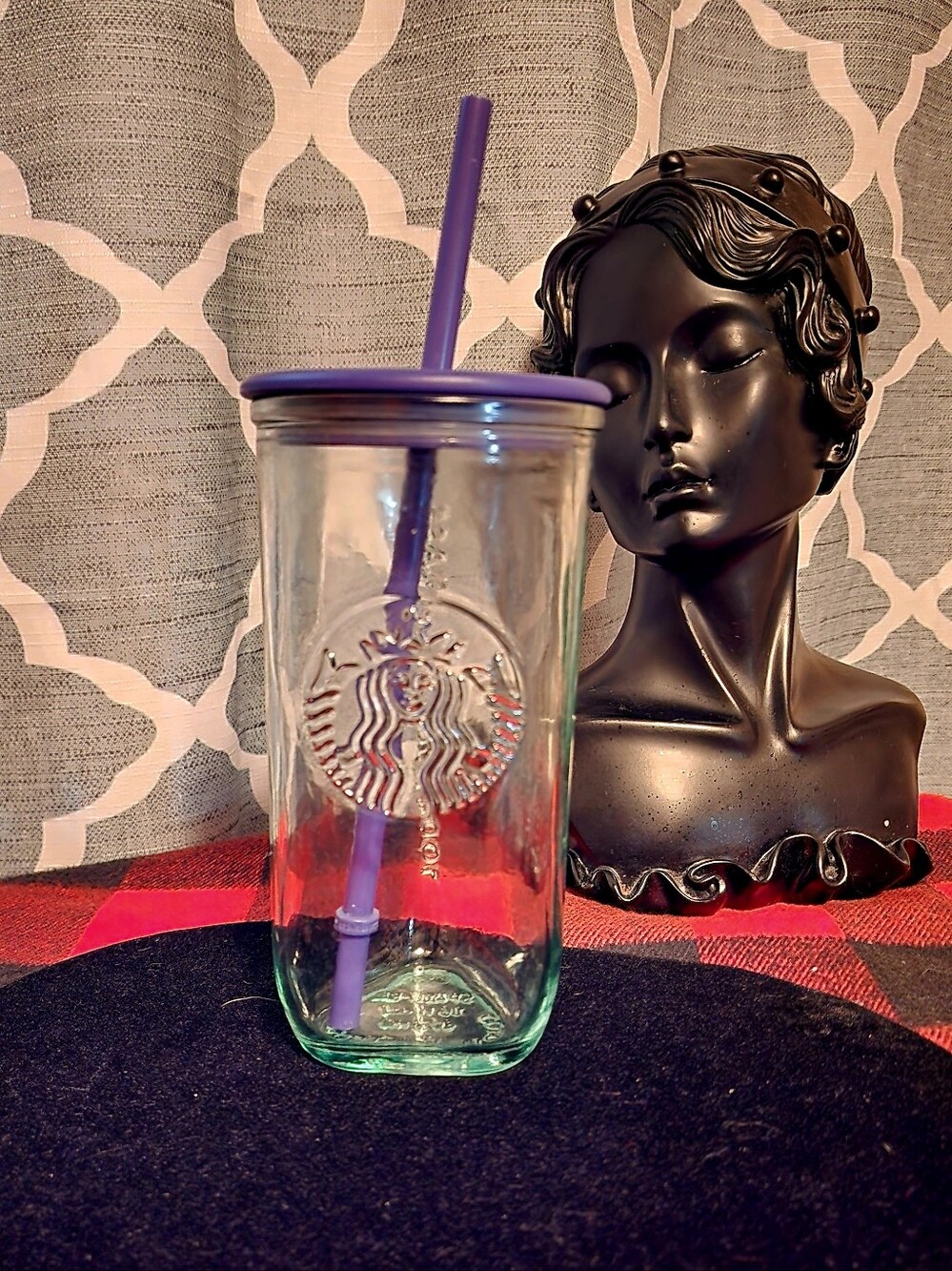 Starbucks Clear Glass Tumbler with Purple Lid and Straw